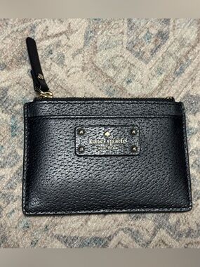 kate spade Black Pebbled Leather Zip-Around Card Wallet with Gold Hardware